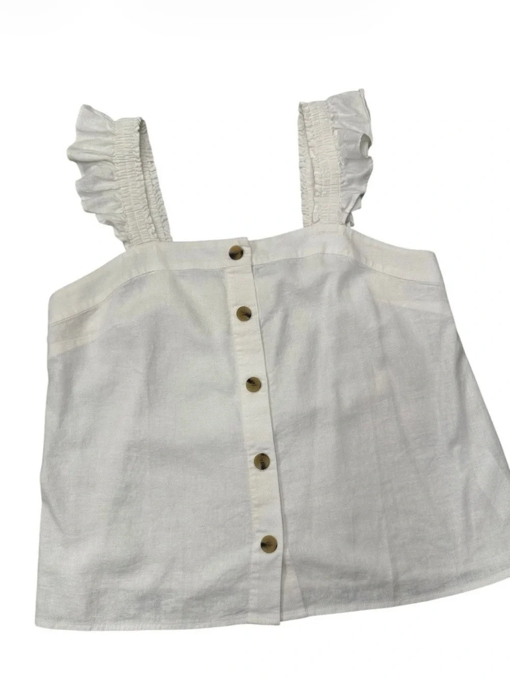 J.CREW White Woven Linen-Viscose Square Neck Ruffle Strap Button Tank M
